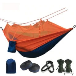 Hamac Ultra-leger, Moustiquaire, Bicolore Orange Et Bleu.
