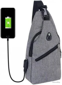 Sac à Dos Bandouliere Sacoche Homme Chargement USB Vélo Course Pêche Camping Randonnée Voyage Gris