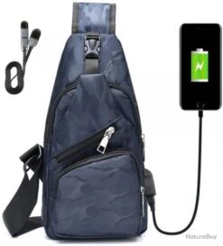 Sac à Dos Sacoche Bandouliere Chargement USB Vélo Course Camping Randonnée Voyage Camouflage Bleu