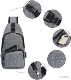 Sac à Dos Sacoche Homme Bandouliere Chargement USB Vélo Course Camping Pêche Randonnée Voyage Gris -Nitecore Boutique 00003 Sac a Dos Sacoche Homme Bandouliere Chargement USB Velo Course Camping Peche Randonnee Voyage Gris
