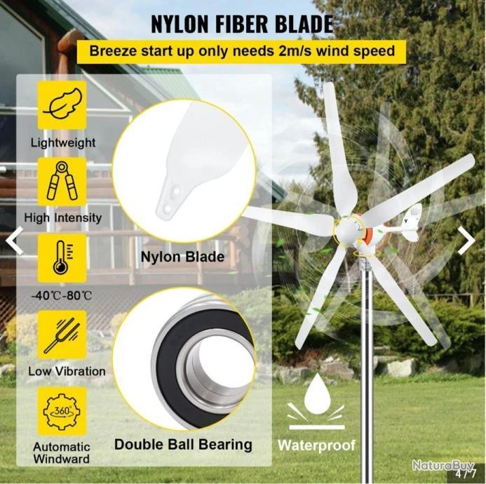 Éolienne 12 V, Kit Générateur Turbine Éolienne 500 W 5 Pales Contrôleur MPPT Corps Aluminium 4 Éolienne 12 V, Kit Générateur Turbine Éolienne 500 W 5 Pales Contrôleur MPPT Corps Aluminium – Image 4